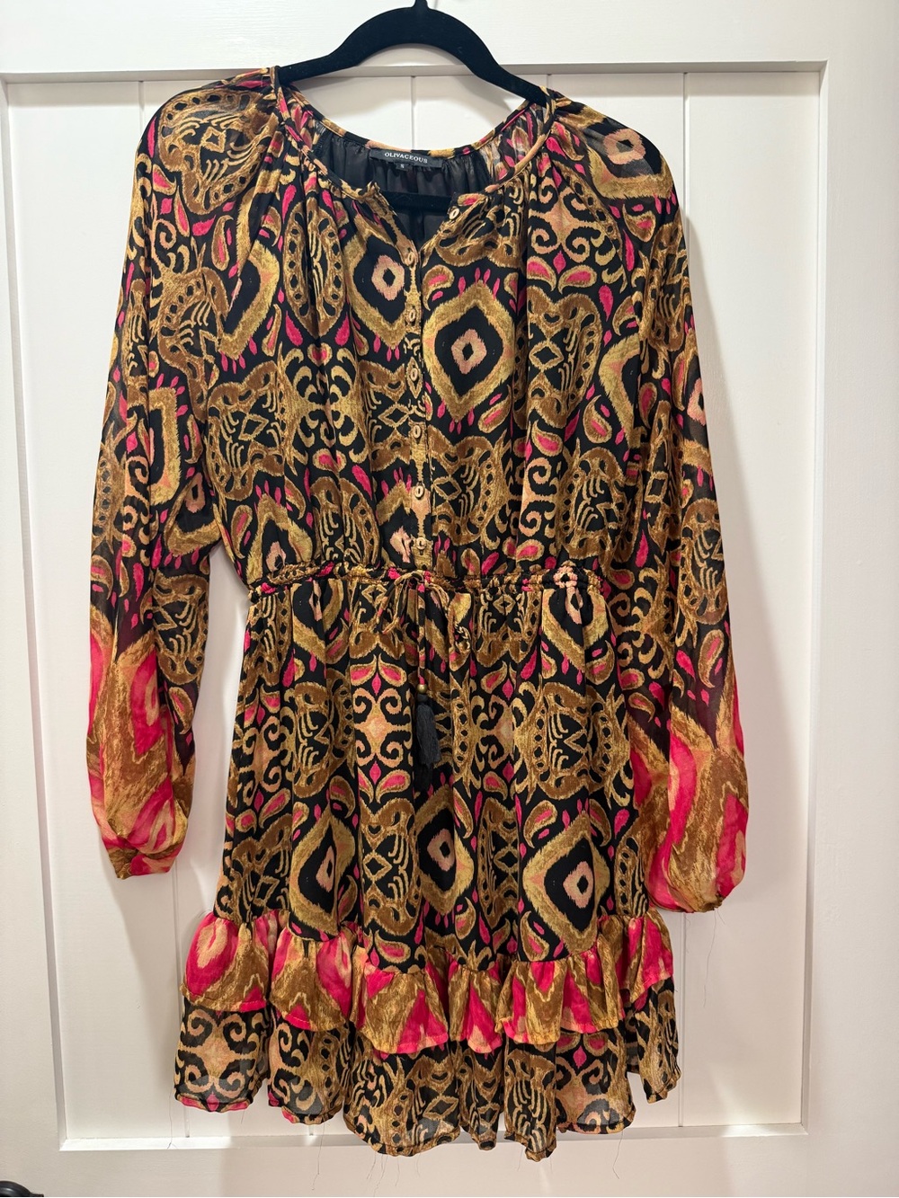 Olivaceous Long-Sleeve Printed Ruffle Dress in Black, Gold & Pink